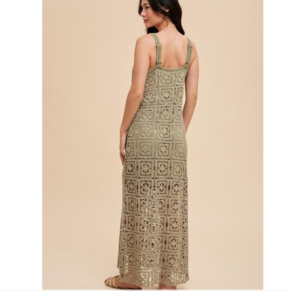 In Loom Cotton Boho Crochet Maxi Tank Dress in Olive nwt - Picture 4 of 5